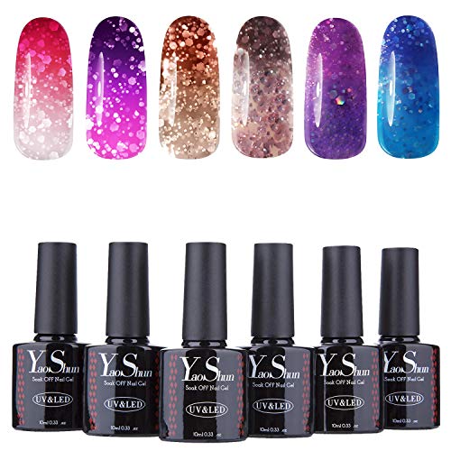 YaoShun Temperature Color Changing Gel - Soak Off Nail Gel Sparkle Series 6pcs Gel Nail Polish Set 10ml Nail Art Gift Set, UV LED Gel Polish Manicure Mixed Colors #005