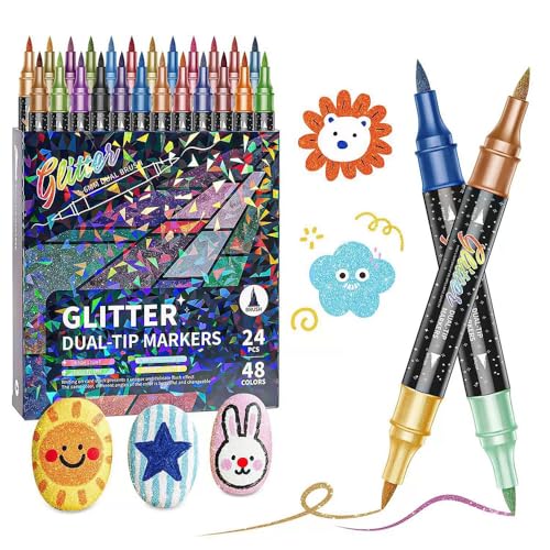 24/48/72/96 Colors Glitter Effect Brush Markers 2026 New Glitter Dual Tip Markers Professional Glitter Paint Pens Set for Adult Coloring Books Journals Card Making & DIY Crafts (48 Colors)