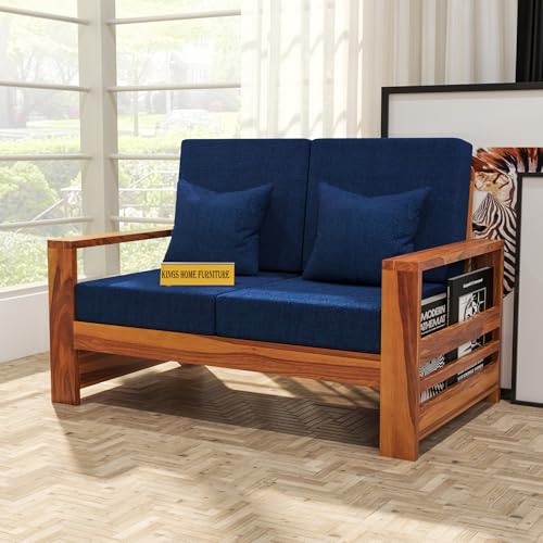 Image of Sheesham Wooden 2 Seater Sofa for Living Room | Rosewood 2 Seater Cushion Sofa with Side Rack | Solid Wood Sofa Set for Lounge (2 Seater,Honey Finish)