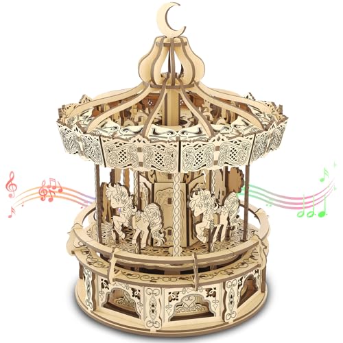 3D Holzpuzzle Spieluhr Bausatz, DIY Romantisches Karussell Mechanischer...