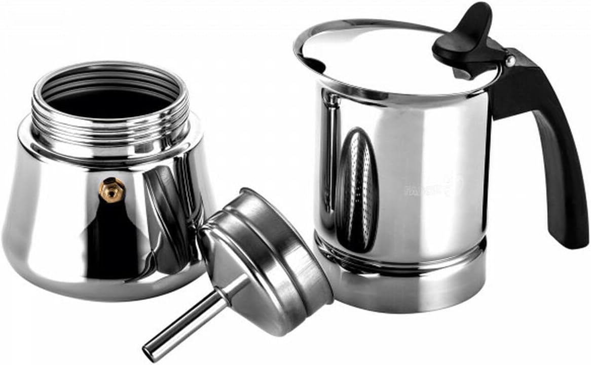 Disassembled Fagor Etnica 4-Cup Stainless Steel Coffee Maker showing base, filter, and top jug