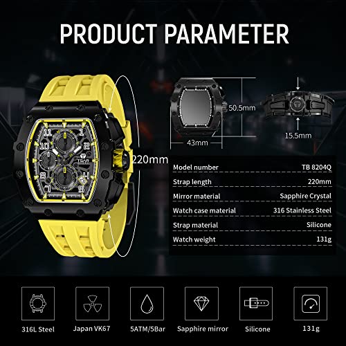 Image of TSAR BOMBA Mens Luxury Watch Watches for Men 50M Waterproof Japanese Quartz Movement Tonneau Stainless Steel Case Sapphire Glass with Chronograph Date Function Cool Unique Fashion Gift