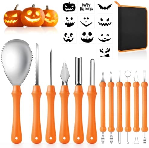 KIOVINO Professional Pumpkin Carving Kit Tools Bulk for Halloween 13 PCS with Carrying Bag Stainless Steel Double-Side Sculpting Tool for Adults Kids Holiday Gift