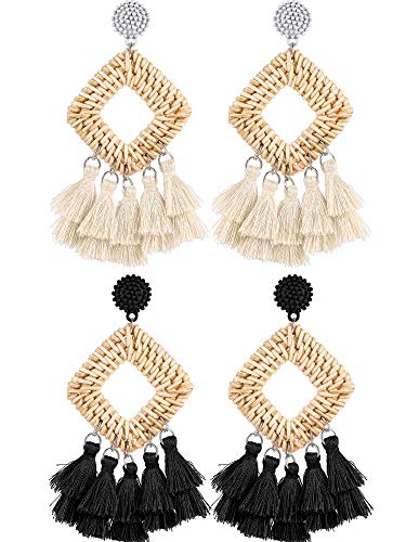 2 Pairs Rattan Tassel Earrings Bohemian Statement Woven Dangle Fringe Earrings Ethnic Tassel Drop Earrings Vintage Jewelry for Women Girls (Black and White)