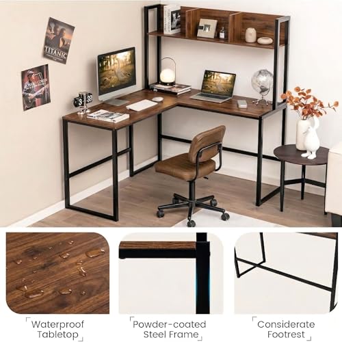 Image of Office Study Table| Reversible L Shaped Corner Workstation Table for Home with Hutch| Computer Desk with Storage Shelves & Bookshelf| Rustic Brown & Black | 140 x 50 x 150 CM
