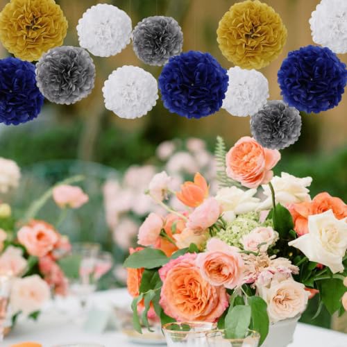 Image of BestoFun 16 PCS Pompoms Paper Flowers Decorations Navy Blue White Gold Party Decoration Navy Blue White Silver Party Decorations Graduation Baby Shower Gender Reveal Decorations Lasting Surprise