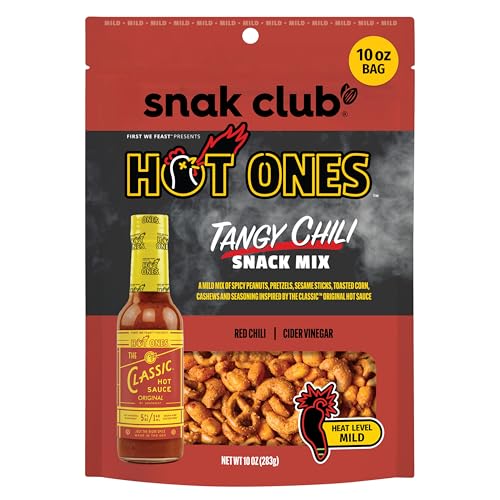 Snak Club x Hot Ones Tangy Chili Snack Mix, Mild Spicy Snacks with Peanuts, Pretzels, Sesame Sticks, Toasted Corn & Cashews, Inspired by Hot Ones Hot Sauce, 10 oz Bag