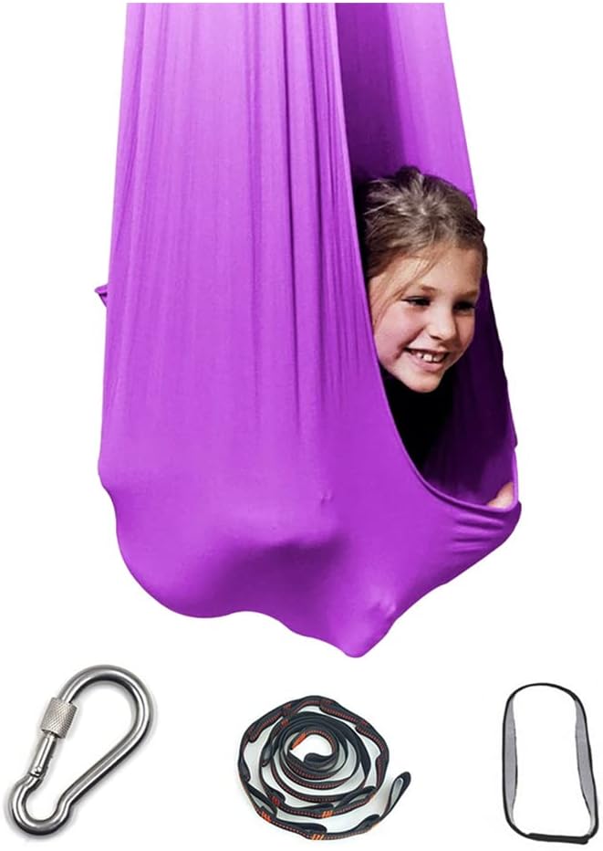 Kids Aerial Yoga Swing Set, Aerial Yoga Hammock Elastic Bed Indoor Outdoor Swing Adjustable Hammock Yoga Fitness Tool with Extension Straps Carabiners Purple