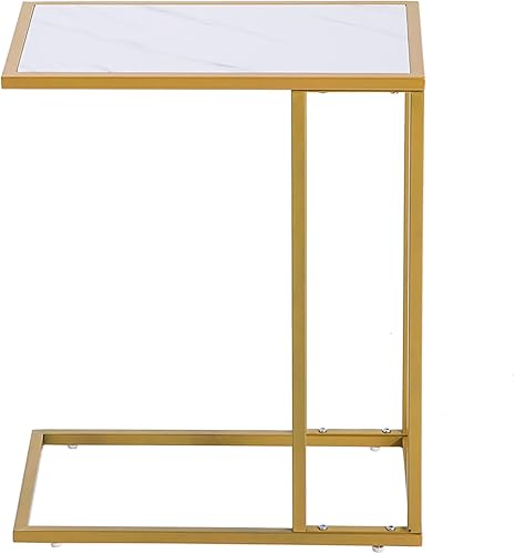 Mesa simple de lado C, mesa auxiliar multifuncional estrecha para patio, mesas modernas para exteriores con marco de metal y acabado de mármol,