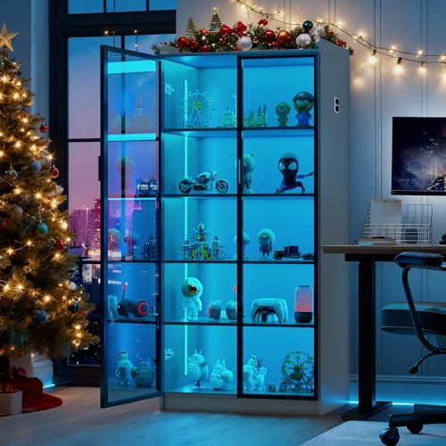 Lvifur Led Vitrine Buffetschrank Sideboard, 35 × 70 × 165 cm Smart Vitrinenschrank RGB 20 Farben Dimmbares Sideboard Intelligente Sensorik Vorratsschrank Wohnzimmer （Grau）