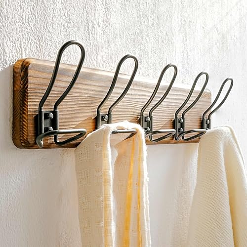 2-Pack Dseap Rustic Farmhouse Wall-Mounted Real Wood Coat Rack w/ 5 Wire Hooks - image 7