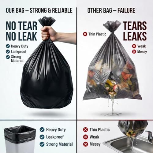 Image of Garbage Bags /Dustbin Bags - 120 Micron Heavy - Duty Trash Bags (15 x 18 Inches) - Small Leak -Proof Bin Liners for Kitchen, Office & Industrial Use - 500g Pack (Black, Pack of 2) - 36 Bags