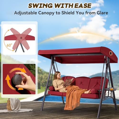 Image of 3 in 1 Outdoor Porch Swing with Adjustable Canopy, 3 Seat Outdoor Swing for Adults, Patio Swing Chair with Thickened Cushions,Pillows & Cup Holders for Backyard, Porch, Garden (Wine Red)