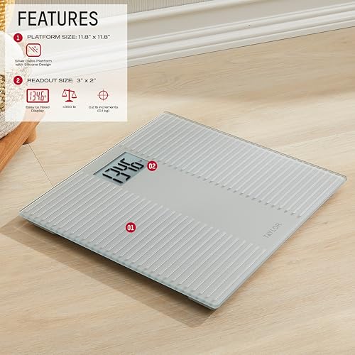 Image of Taylor Digital Bathroom Scale for Body Weight, 11.8 x 11.8 Inch 5mm Tempered Glass Platform, Large Display, 350 lb Capacity, Slip-Resistant Silicone Design, Silver