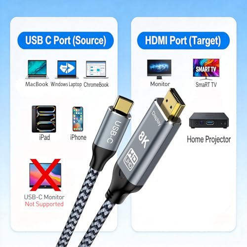 Image of USB C to HDMI 2.1 Cable, 8K@60Hz 4K@144Hz Thunderbolt 5 /4 to HDMI, 3.3ft