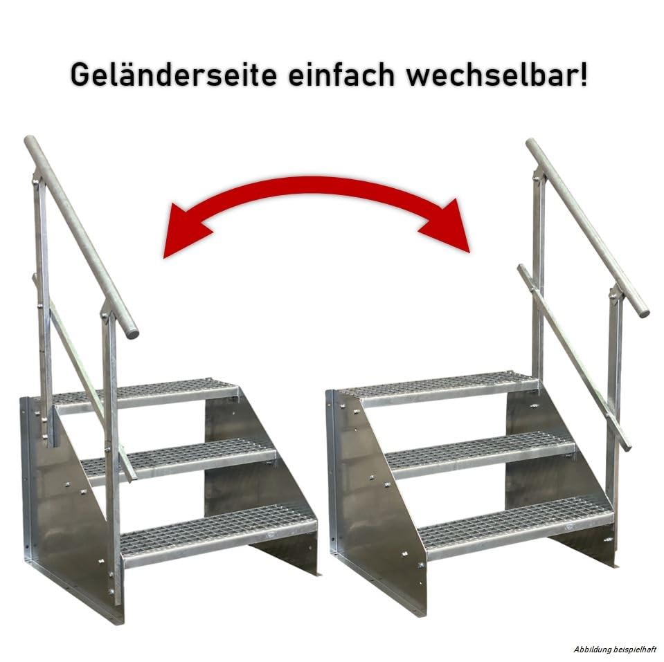 SRM Design 3 Stufen Standtreppe Stahltreppe Wangentreppe Gitterrosttreppe Außentreppe Industrietreppe freistehend Breite 80cm Höhe 63cm weiß 1x Geländer