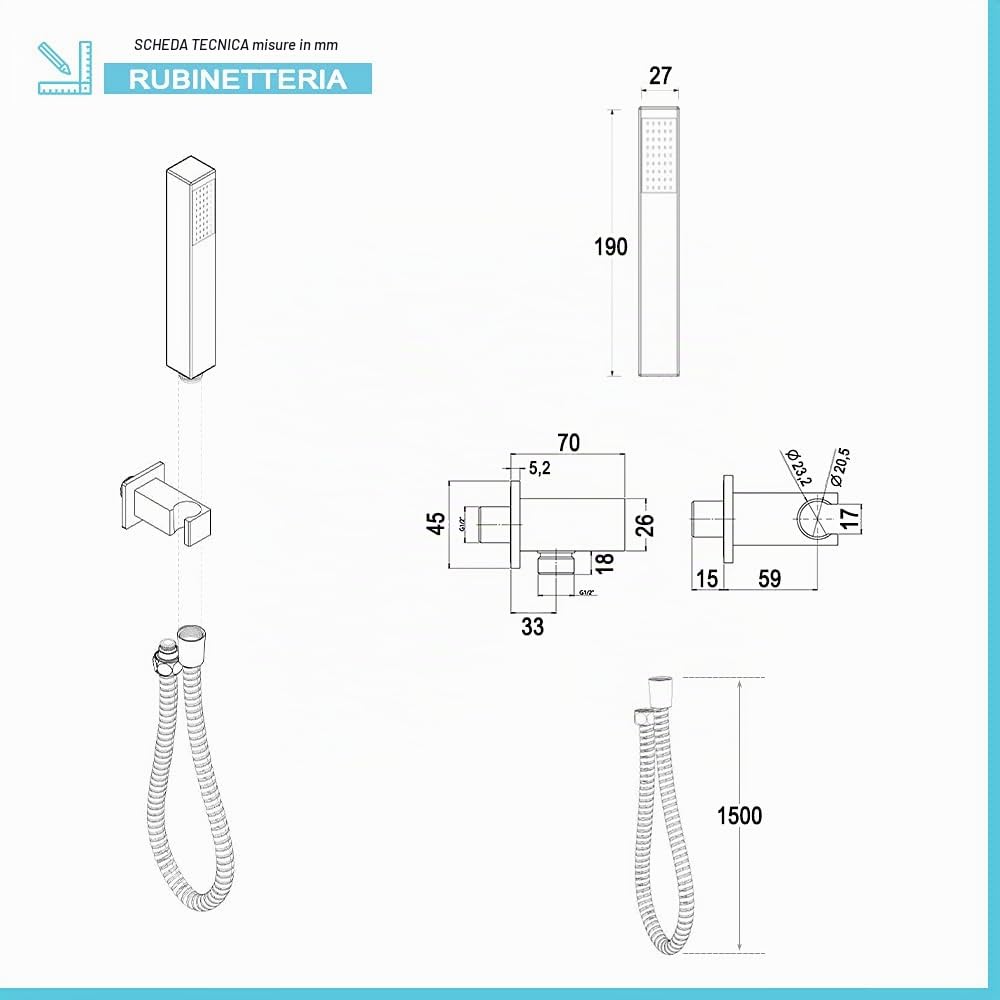 Kit Doccia Completo da Incasso con Miscelatore monocomando, soffione, doccetta e Presa d’Acqua con Flessibile