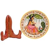 Tarini Gallery Marble Decorative Plate Traditional Indian Handpainted with Stand for Decoration Home Office Wedding Party Décor and Gifting (Rajasthani Lady with Peacock)