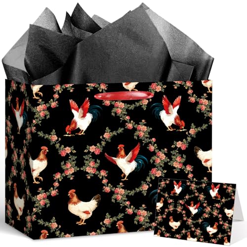Large Chicken Gift Bag Black Chicken Wrapping Paper Gift Bag with Handle Tissue Paper Greeting Card Funny Rooster Party Favor Bags for Baby Shower Rooster Lover Chick Themed Birthday Parties