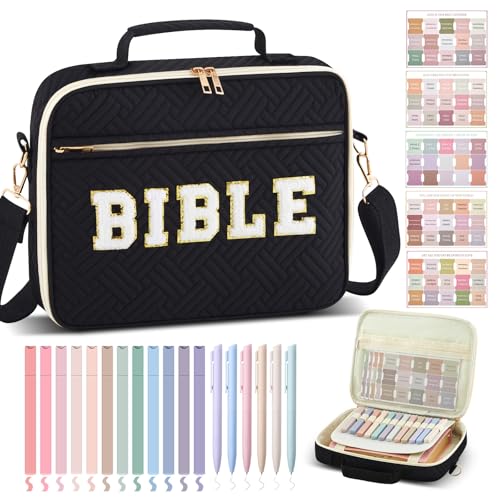 Sinload Quilted Bible Cover Case for Women 12 x 9 x 2.5 Inch Chenille Letter Bible Bag with Shoulder Strap Carrying Bags with Tabs 6 Colored Pens 12 Highlighters Christian Church Study Gifts