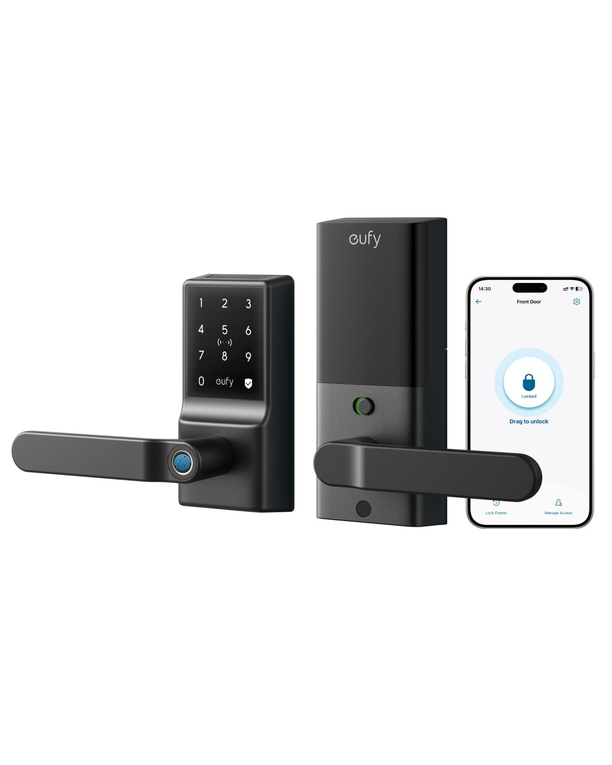 eufy Smart Lock C33, Keypad Door Lock with Handle, Fingerprint Door Knob, Keyless Entry Door Lock for Front Door and Bedrooms, Electronic Deadbolt, Wi-Fi, Remote App Control, IP53 Waterproof, Black