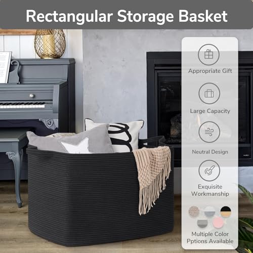 Goodpick Large Woven Storage Basket, 105L Extra Large Blanket Basket for Living Room, Bedroom, Rectangle Cotton Rope Organizer for Toy Storage, 25”x16”x16”, Black
