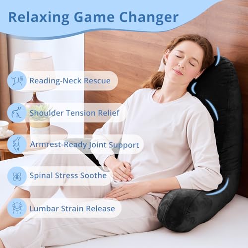 Image of Sasttie Reading Pillow for Bed, Back Pillow for Sitting Up, Black | 25 inch Backrest Support Cushion for Couch, Sofa, and Floor, Dorm Essentials, OEKO-TEX, Adjustable Down Alternative Fill