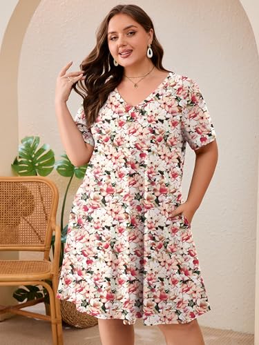 Image of AusLook Plus Size Midi Dress for Women Loose V Neck Short Sleeve Summer Casual A Line T Shirt Sundresses with Pockets 1X-5X