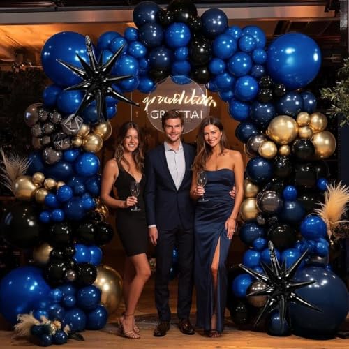 Image of Navy Blue Black Gold Balloon Arch Kit - Double Stuffed Dark Royal Blue Matte Black Balloon Garland with Metallic Gold for 2026 Graduation Men's Birthday Anniversary Wedding Prom Decoration