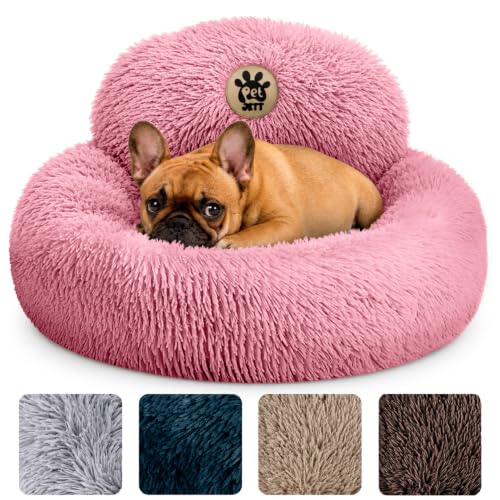 PetJett Calming Dog Bed for Small Dogs – 23" Donut Dog Beds, Anti-Slip & Washable Fluffy Plush Faux Fur Pet Bed, Anti-Anxiety Premium Comfort Round Puppy Bed, Fits Dogs up to 25 lbs – Pink