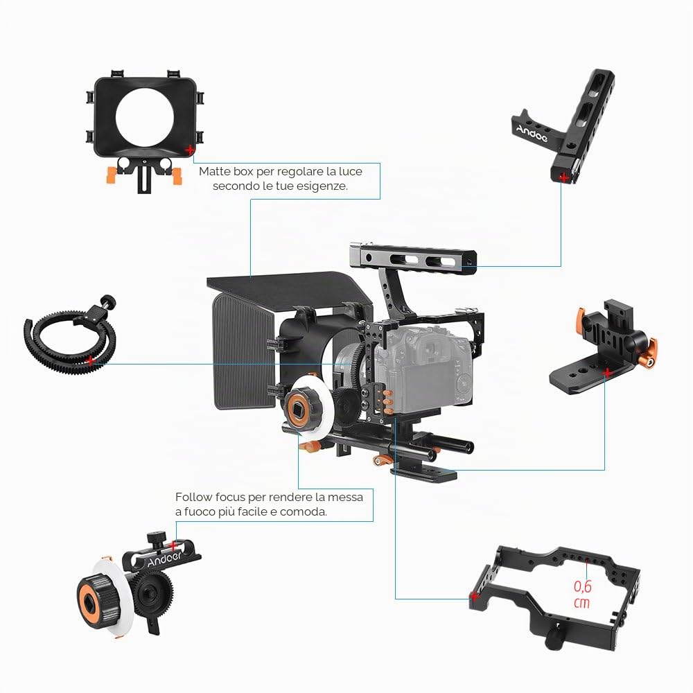 Andoer gabbia video compatibile con Panasonic GH4, gabbia per fotocamera con impugnatura, scatola opaca, messa a fuoco e attacco triod