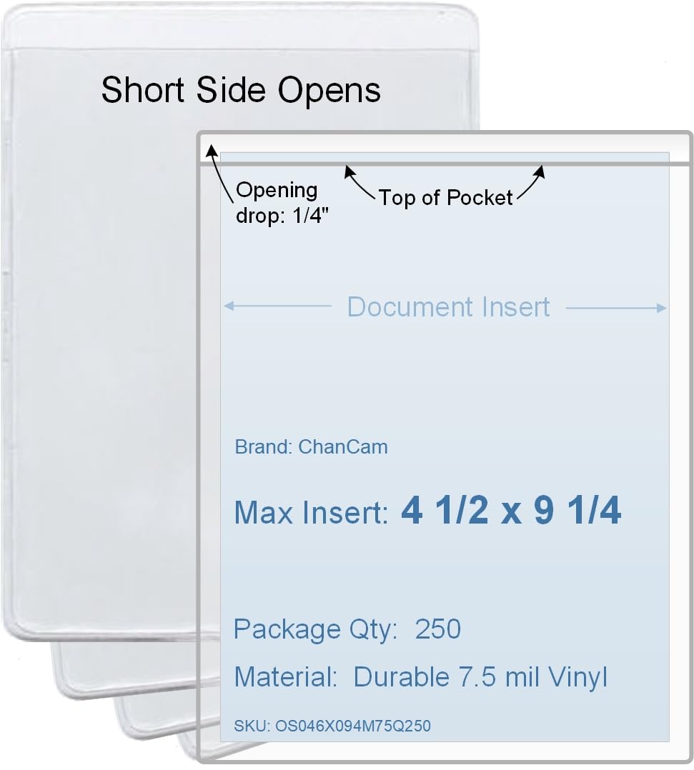 4 1/2 x 9 1/4 Vinyl Plastic Sleeve, Set of 250, Short Side Opening, Durable 7.5 mil Crystal Clear Vinyl