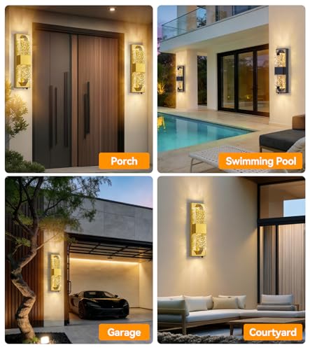 Image of 15.3 inch Dusk to Dawn Outdoor Wall Light 12W LED Gold 1-Pack | IP65 Waterproof, Ripple Crystal, Hardwired Modern Exterior Sconce, Auto On /Off, for Porch Patio Hallway Entryway House