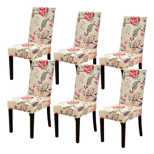 Image of Styleys Chair Covers for Dining Room, Stretch Dining Chair Cover, Washable Spandex Kitchen Chair Slipcovers (Set of 6, Red Leaves, SD3219)