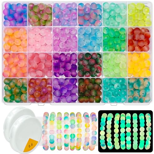 JHYlilia Glow in The Dark Glass Beads for Jewelry Making 600Pcs 8MM 24 Grids Crystal Gemstone Beads Round Spacer DIY Craft Beads for Bracelet Necklace Earrings Phone Lanyard Wedding Decor