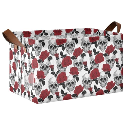 Grey Skulls and Red Roses Flower with Leaves on White 1PC Rectangle Foldable Frame Basket Leather Handles Storage Bin for Laundry Bathroom Organizer M 16.9 x 11.4 x 10 inch