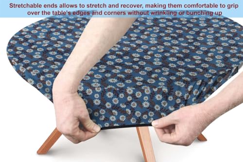 Image of The Furnishing Tree Round Elastic Fitted Dining Table Cover WxL 54x54 Inches Floral Pattern Blueish Grey