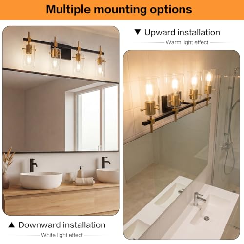 Image of SOLFART Farmhouse Brass Bathroom Vanity Lights fixtures Over Mirror Vintage Bathroom Lighting Wall Sconce with Glass Shade 4 Lights