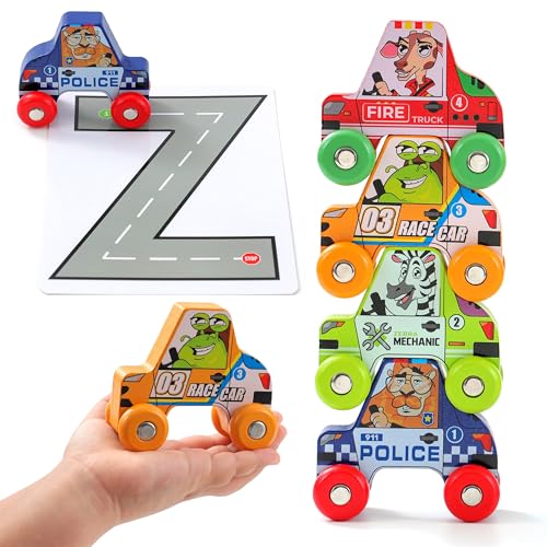 51u3jftgqll - BEKILOLE Jumbo Animal Cars 4 Piece Stacking Wooden Car Playset for Toddlers Preschool Learning Montessori Toys for Boys & Girls Birthday Gifts for 1+ Year Old,Set A (4 Cars + Alphabet Flashcards)
