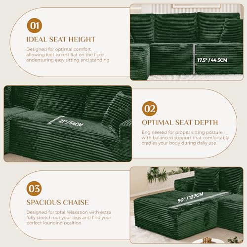 Image of 108 inch Boneless Cloud Sectional Couches for Living Room, Comfy Fluffy L Shaped Memory Foam Deep Seat Boneless Couch, Modular Sectional Sofa with Left Facing Chaise, Green