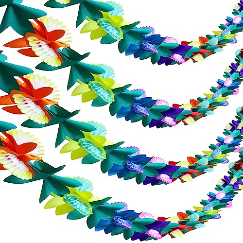 Image of BUSOHA 4 Packs Tissue Flower Garland - 12 Feet Long Tropical Multicolored Paper Flower Garland Banner for Hawaiian Luau Party Tiki Bar Tropical Birthday Baby Shower Wedding Party Decorations Supplies