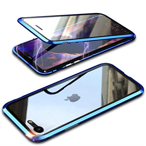 Coque iPhone SE, Coque Adsorption Magnétique Avant et Arrière Verre Trempé Couverture Plein écran Couverture à Rabat Design en Une Pièce pour Apple iPhone SE iphone 8 iphone 7 4,7 Pouces(Bleu)