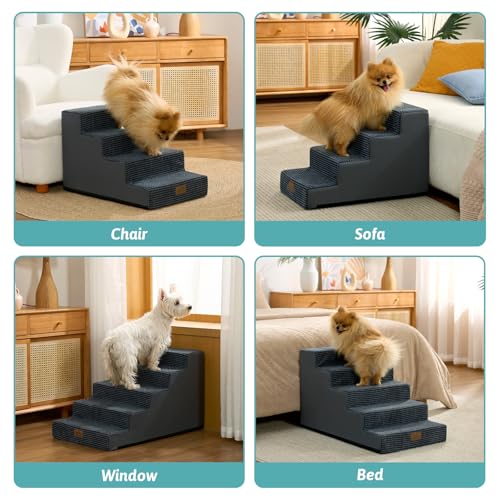 Image of COZY KISS Dog Stairs for Small Dogs 15.7 inch H, 4-Step Gentle Incline Pet Step for Couch Sofa, Non-Slip Dog Ramp for Puppy Doggie Senior Cats, 15.7x23.6x15.7 Inch, Charcoal Grey