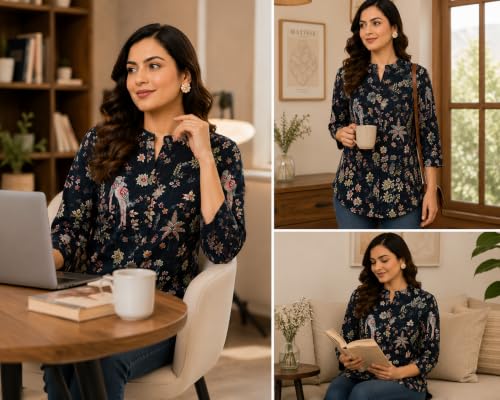 Image of Women's Floral Printed Cotton Kurti Summer Cotton Tunic Top for Girls