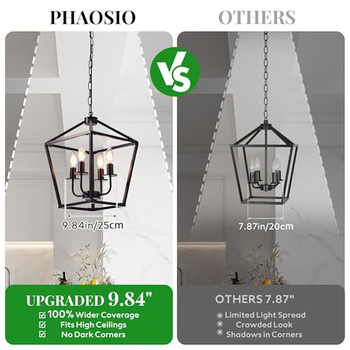 Image of Farmhouse Lantern Chandelier 4-Light, Industrial Black Ceiling Light Fixture with Rustic Open Cage and Adjustable Hanging Height, E12 Base for Kitchen Island, Dining Room, Entryway, Foyer