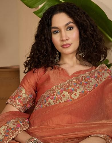 Image of SIRIL Women's Shimmer Georgette Scalloped Border Sequins Embroidery Saree with Unstitched Blouse Piece