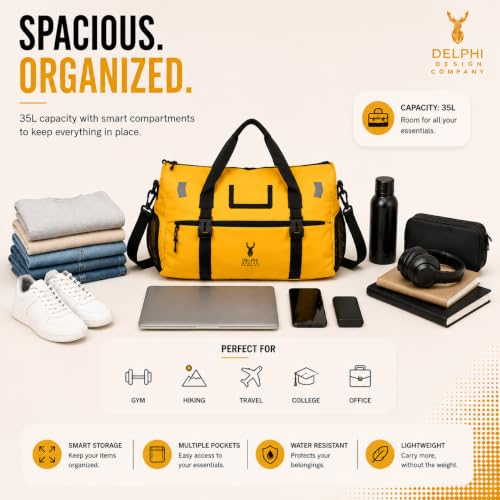 Image of Delphi Design Waterproof Gym & Travel Duffel Bag for Men & Women | Multi-Compartment Weekender Bag with Shoe Compartment, Dry-Wet Separation & Yoga Mat Holder | Spacious Sports & Travel Bag | Yellow