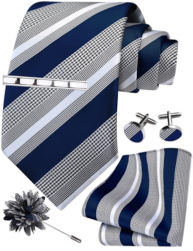 Image of GUSLESON Men's 5-pc Striped Tie Gift Set - Jacquard Necktie, Pocket Square, Cufflinks, Lapel Pin, Tie Clip - Wedding Formal Gifts