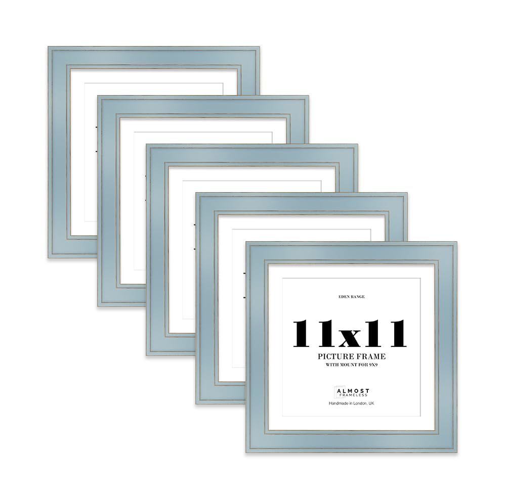 11x11" Cornflower Blue Square Picture Frame with 9x9" Mount - Shabby Chic Photo Frame with Distressed Finish, Gold Trim, Wall Hooks and Kickstand, 37mm Edge - 5 Pack