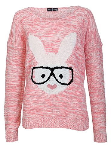 Forever Womens Long Sleeves Geek Rabbit Bunny Print Motif Knitted Jumper Red